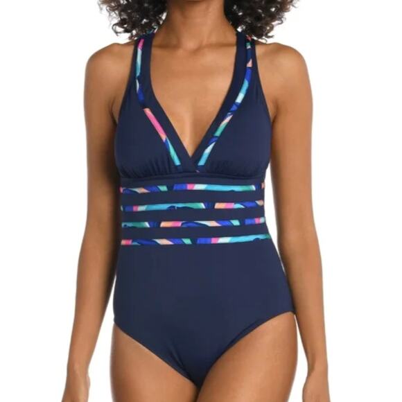 La Blanca Painted Leaves Multi-Strap Cross-Back One Piece Bathing Suit Blue 16 - Picture 1 of 8